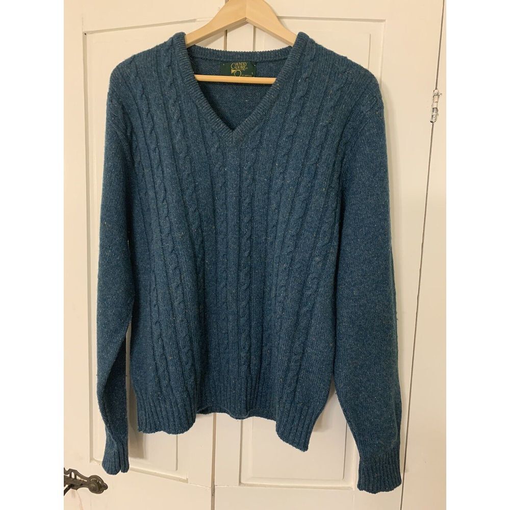 Vtg Jantzen Country Squire‎ Sweater Men's Large Teal V-Neck Worsted Wool